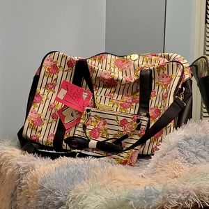 Bold Floral Stripped Pink and Black Weekender Travel Bag